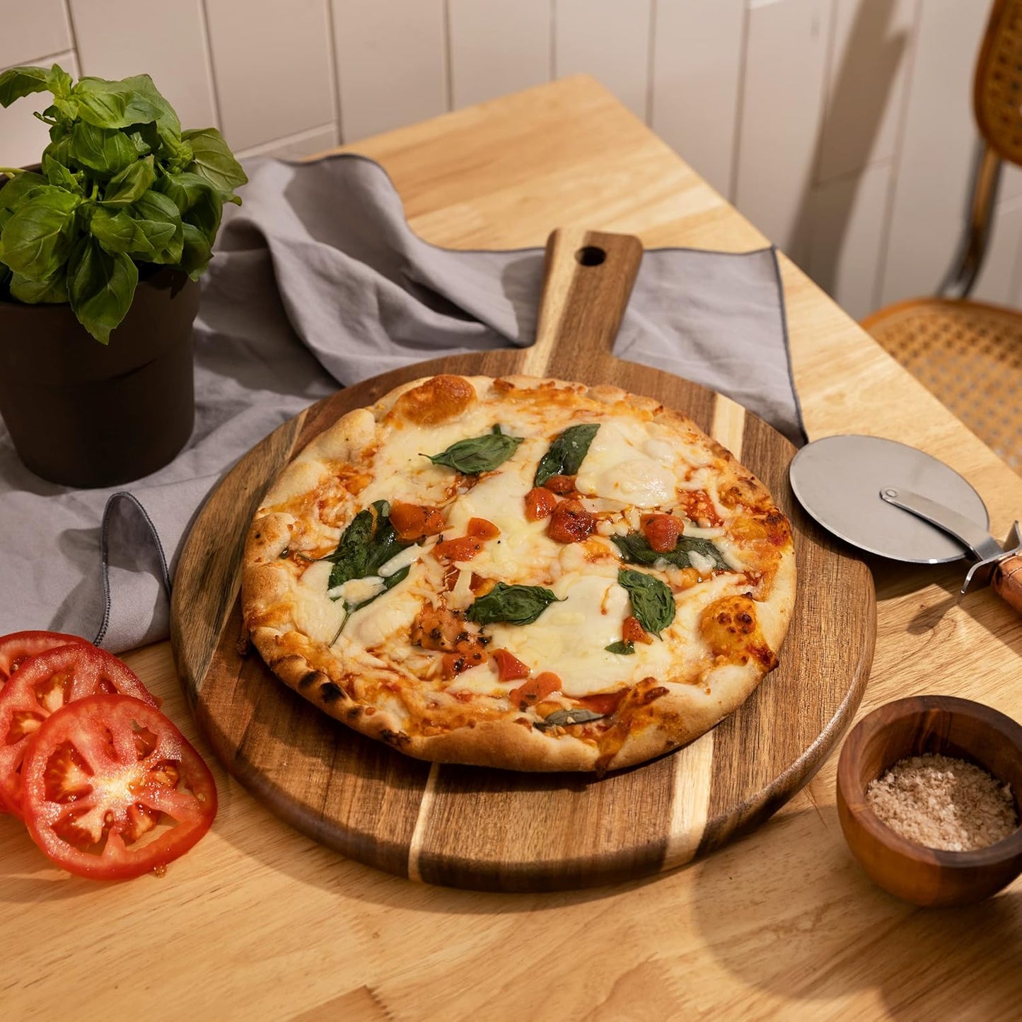 Acacia Wood Cutting Board and Chopping Board with Handle for Meat, Cheese Board, Vegetables, Bread, and Charcuterie - Decorative Wooden Serving Board for Kitchen and Dining Room, Large 17" x 13"