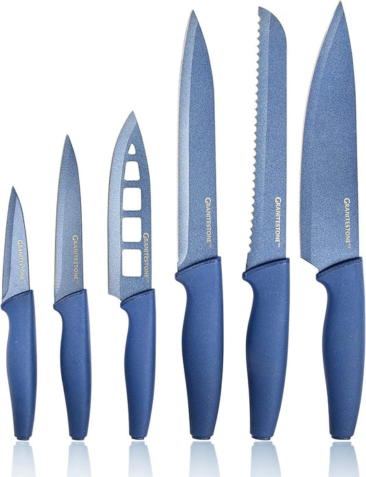 Granitestone Nutriblade Knife Set, High Grade Professional Chef Kitchen Knives Set, Knife Sets Toughened Stainless Steel w Nonstick Mineral Coating, Blue, 6 Piece