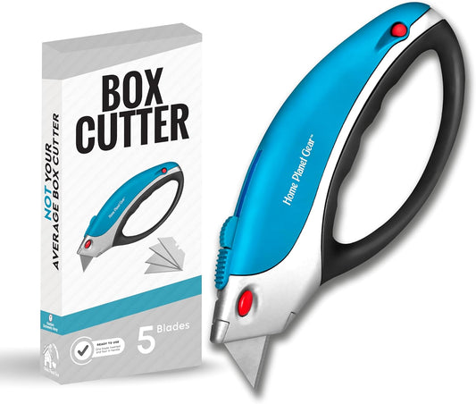 Box Cutter Retractable Utility Knife - Two Pack Heavy Duty Box Cutter Knife Cardboard Cutter - Box Opener Razor Knife - Box Knife Carpet Cutter with 5 Sharp Utility Blades (Blue 2 Pack)