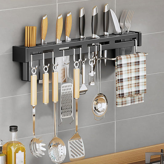 Kitchen Organizer Rack Wall Mounted, 2024 New No Punch Wall Mounted Knife Rack Organizer, Kitchen Knife Storage Holder with 9-Hooks for Hanging Spoon Dish Towel, Black