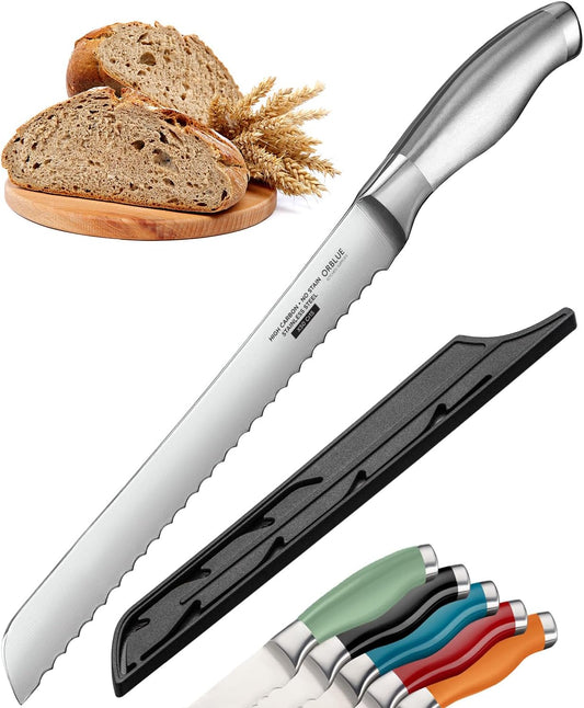 Orblue Bread Knife, 10-Inch Serrated Stainless Steel – Ultra Sharp for Crusty Artisan Bread, Bagels, Cakes & Pastries – Non-Slip Handle Slicer, Red