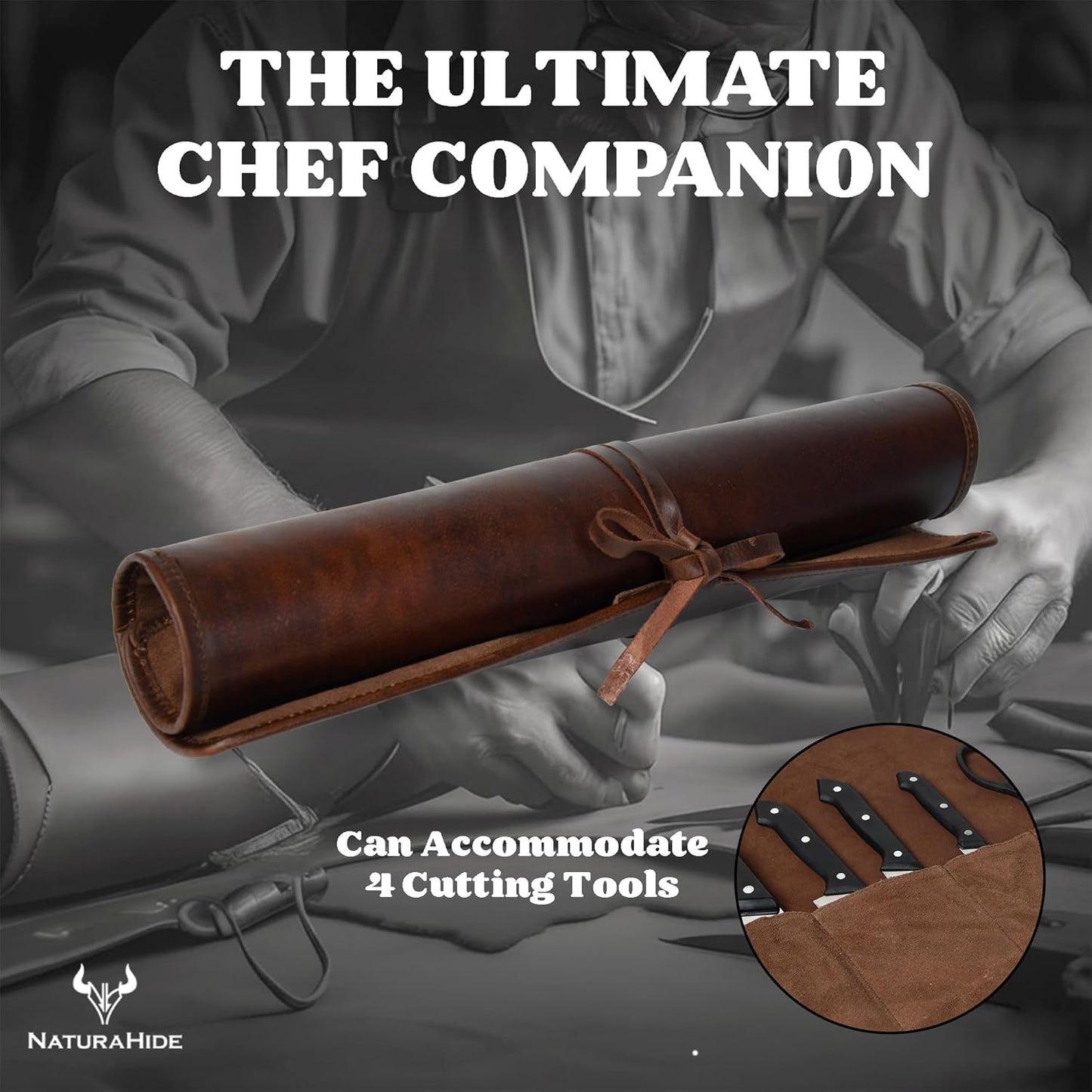 Leather Knife Roll Bag for Professional Chefs 4 Slot Full Grain and Suede Leather Knife Case Handmade Culinary Tool Roll Organizer for Travel, Kitchen and Outdoor Cooking (Black)