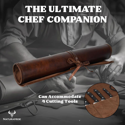 Leather Knife Roll Bag for Professional Chefs 4 Slot Full Grain and Suede Leather Knife Case Handmade Culinary Tool Roll Organizer for Travel, Kitchen and Outdoor Cooking (Black)