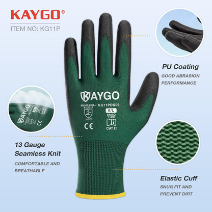 KAYGO Work Gloves for Men and Women,12 Pairs Seamless Knit PU Coated Safety Gloves, with Smooth Grip on Palm and Fingers, Ideal for Light Warehouse, Manufacturing, Gardening, KG11P (M, Black)