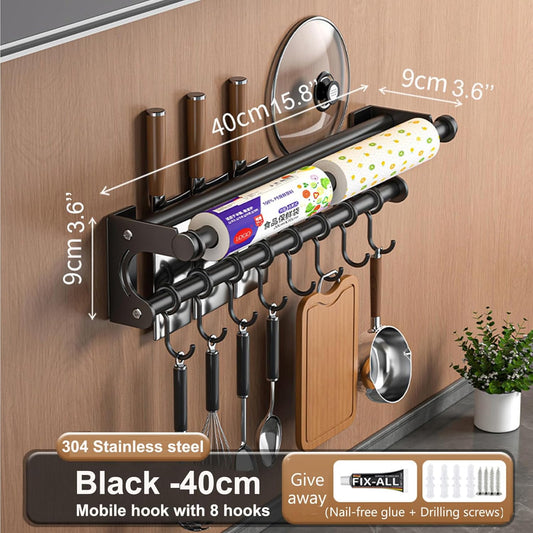 Hanging Wall Mount Knife Wall Mount,Kitchen Utensil Hanger,Space-Saving Kitchen Utensil Rack with Hooks,Kitchen Storage Shelf for Utensils Spatula Spoon, Easy to Clean (Grey, 40CM+8Hook)
