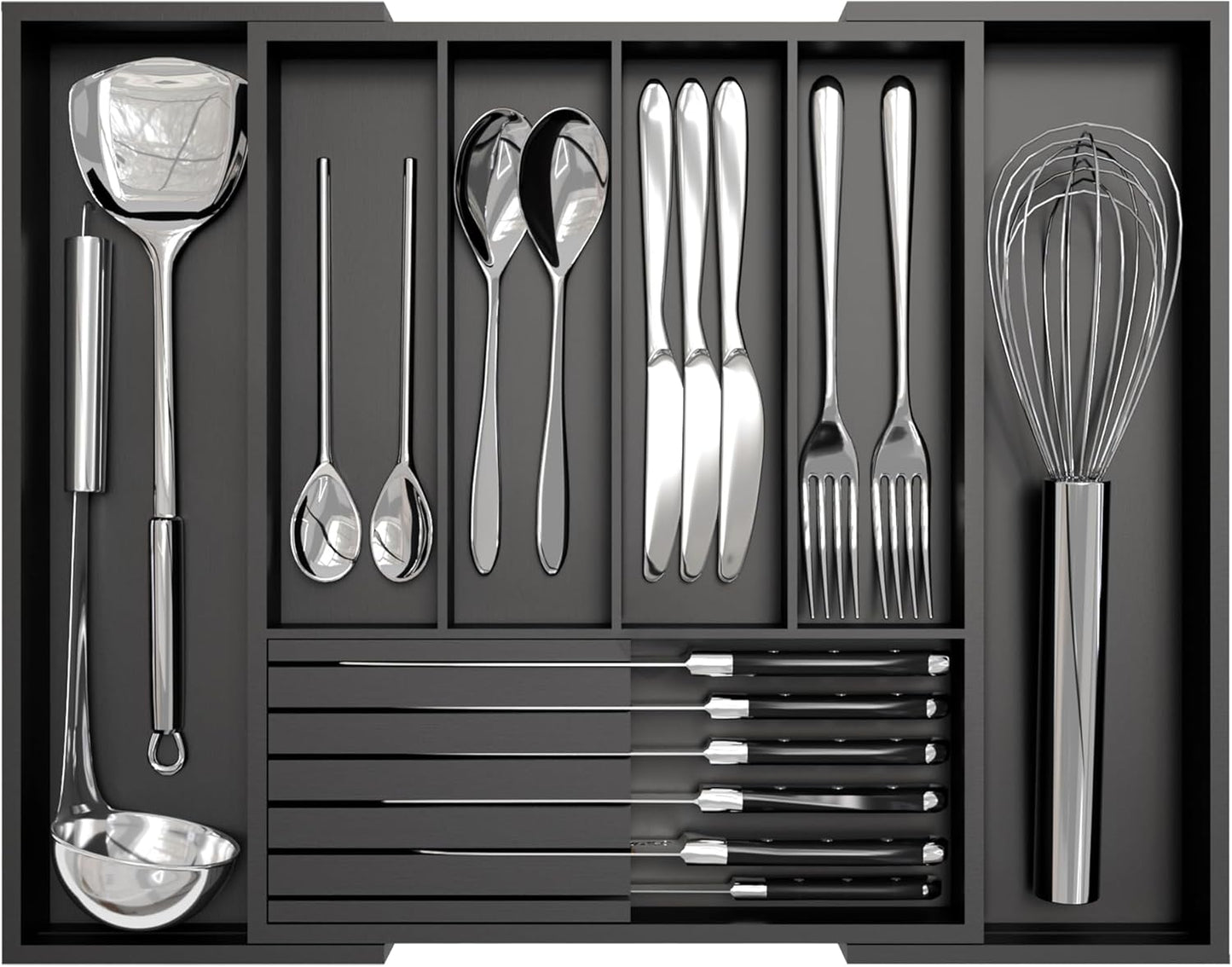 Bamboo Kitchen Silverware Drawer Organizer - Expandable Wood Utensil Holder with Dividers, Luxury Cutlery Storage Tray for Kitchen Utensil and Flatware (5-7 Slots with Removable Knife Block, (White)