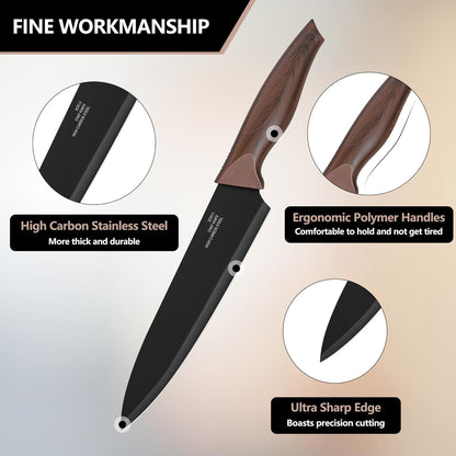 E-far Knife Set with Block, 15 Pieces Kitchen Knife Block Set with Sharpener, High Carbon Stainless Steel Sharp Chef Knife Set with Ergonomic Handles, Anti Rust, Black