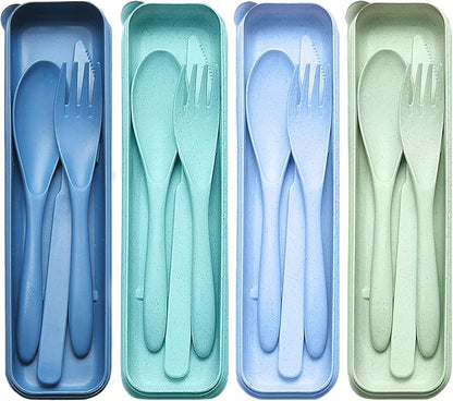 Reusable Travel Utensils Set with Case, 5 Sets Portable Wheat Straw Cutlery Including Knife Fork Spoons, Eco-Friendly BPA Free Tableware for Camping Picnic Lunch and Daily Use (Black)
