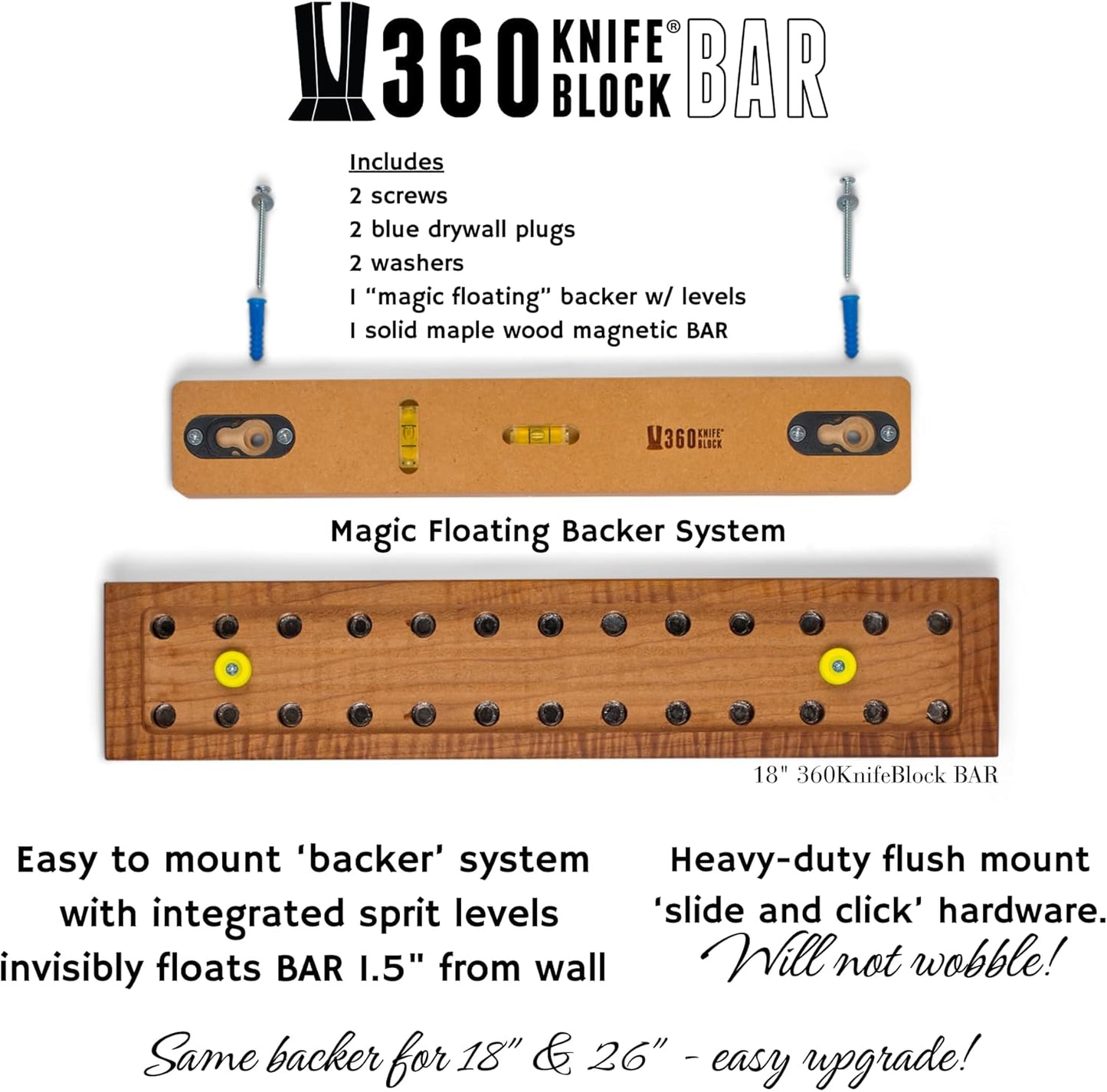360KnifeBlock magnetic knife BAR - Guitar Wood - 2 Rows of Magnets, 'magic floating backer' w/level system, 2"screws - handmade in Washington (Guitar wood, 18" wide)