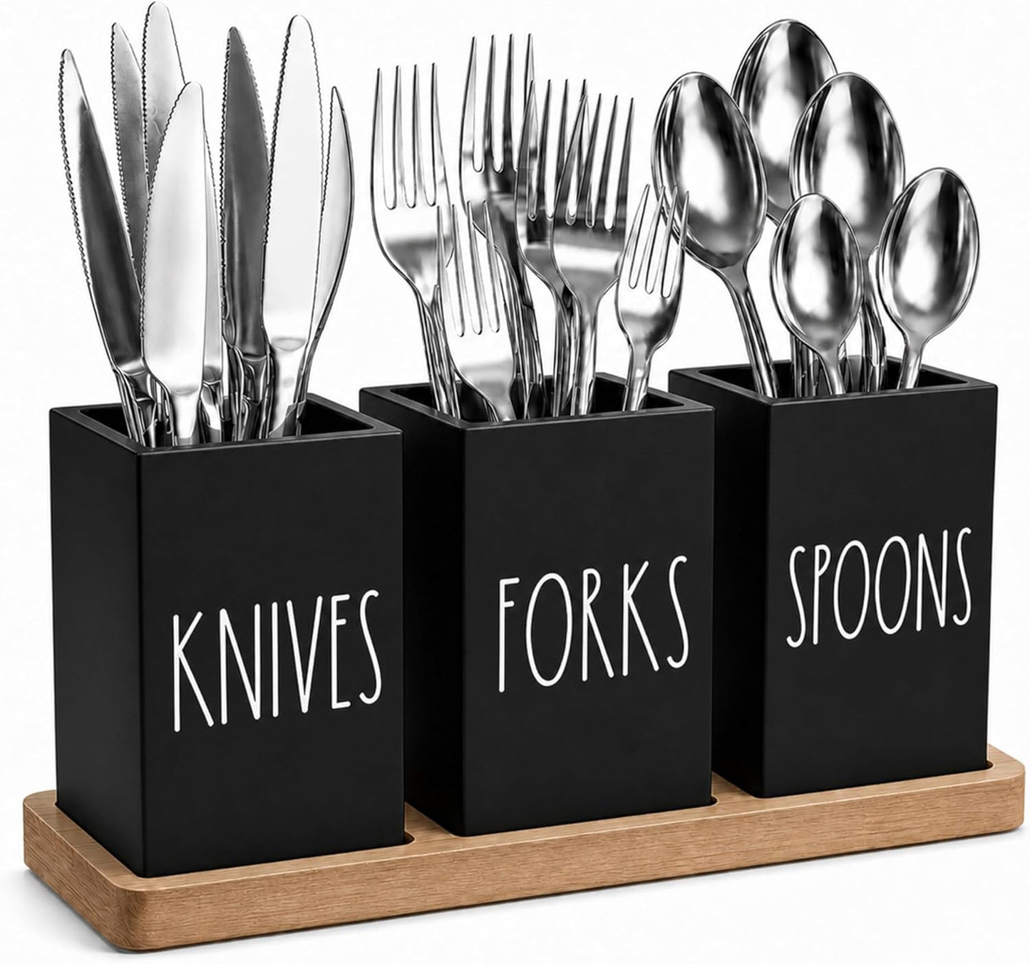 Farmhouse Silverware Holder, Rustic Wood Silverware Caddy with Tray, Spoon Fork Knives Flatware Dispenser, Utensil Countertop Organizer, Plastic Cutlery Holder for Kitchen Party (Black)