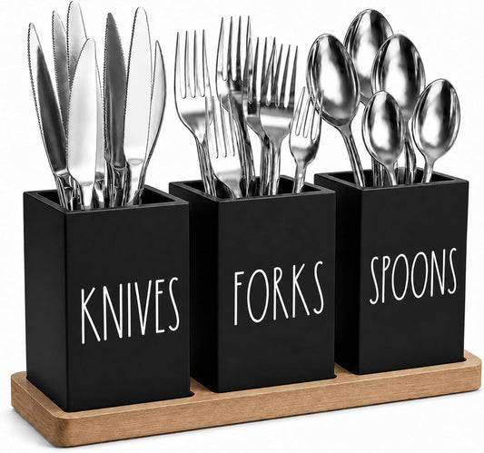 Farmhouse Silverware Holder, Rustic Wood Silverware Caddy with Tray, Spoon Fork Knives Flatware Dispenser, Utensil Countertop Organizer, Plastic Cutlery Holder for Kitchen Party (Black)