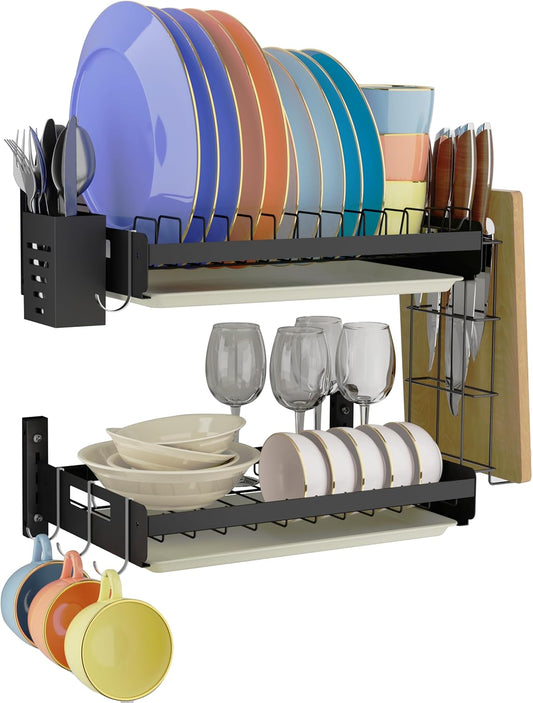 Hanging Wall Mounted Dish Drying Rack Set with Detachable & Removable Layer*2, Hook*4, Drain Tray*2, Apartment & RV Wall Mounted Dish Rack, Adhesive Mountable, Length: 15.9", Washable (Black)