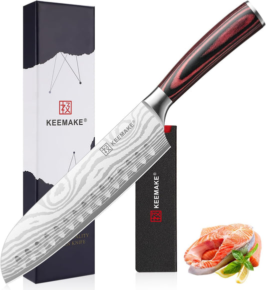 KEEMAKE Santoku Knife - 7 Inch High Carbon Japanese Chefs Knife with Ergonomic Pakkawood Handle and Sheath, Gifts for Mom or Dad, Kitchen Gadgets with Gift Box, Father Day Gifts