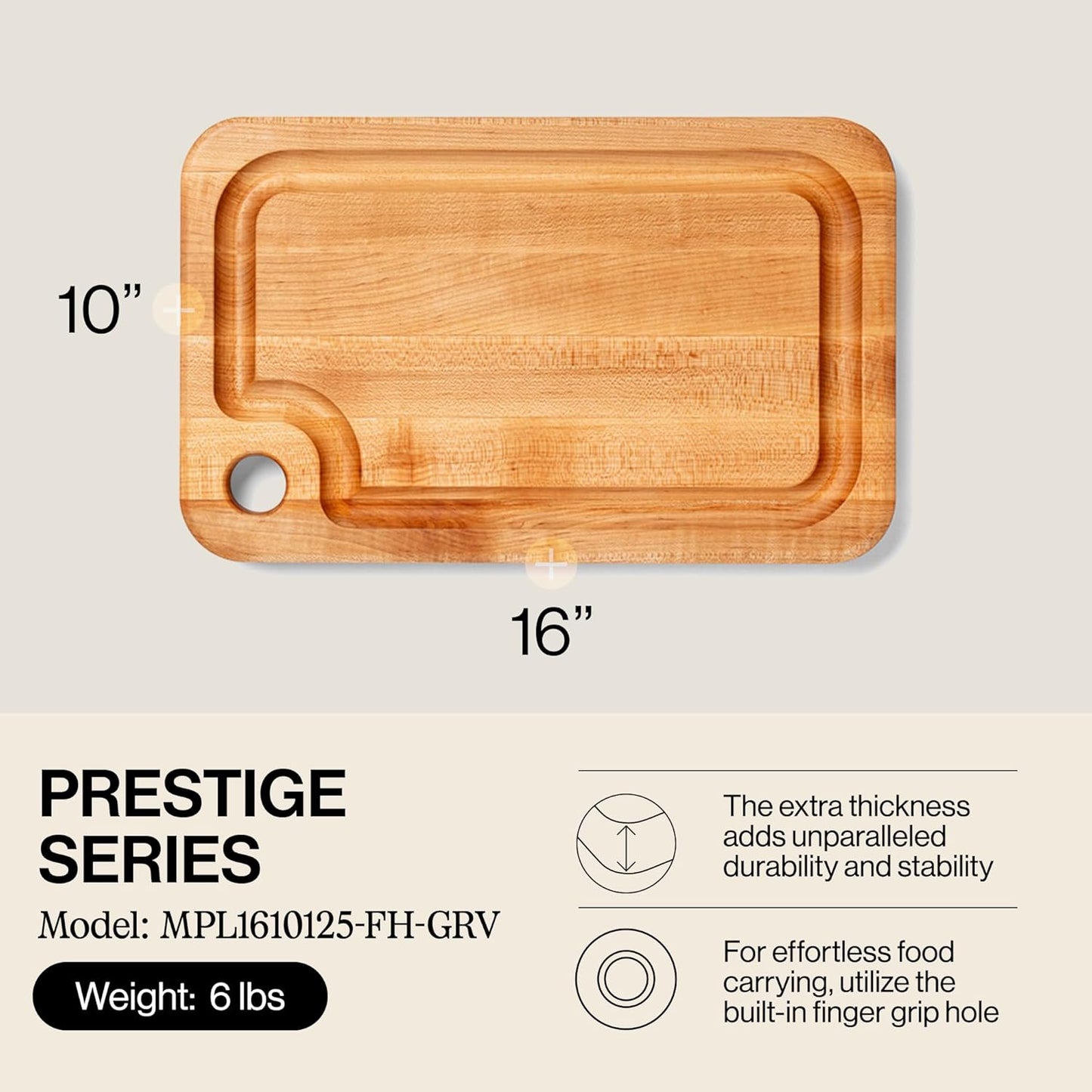John Boos Prestige Series Rectangular Wooden Maple Cutting Board 18”x12” – 1.25” Thick, 8-lb Reversible Butcher Block with Juice Groove, Edge-Grain & Finger Grip Hole – Made in the USA