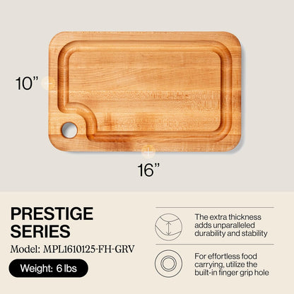 John Boos Prestige Series Rectangular Wooden Maple Cutting Board 18”x12” – 1.25” Thick, 8-lb Reversible Butcher Block with Juice Groove, Edge-Grain & Finger Grip Hole – Made in the USA