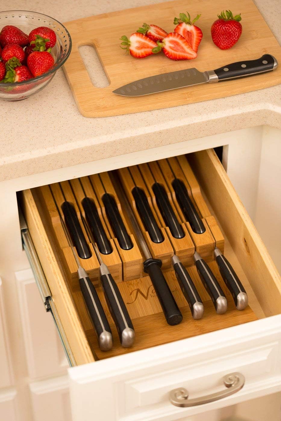 In-Drawer Bamboo Knife Block Holds 12 Knives (Not Included) Without Pointing Up PLUS a Slot for your Knife Sharpener! Noble home & chef Knife Organizer Made from Quality Moso Bamboo