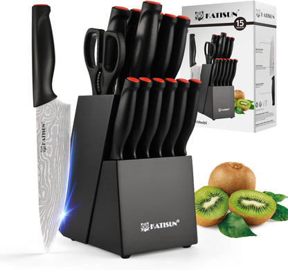 Kitchen Knife Set,14-Piece Knife Set With Block Wooden, Self Sharpening For Chef Knife Set, High Carbon German Stainless Steel Hammered Collection Knife Block Set, Dishwasher Safe Cutlery, Cream