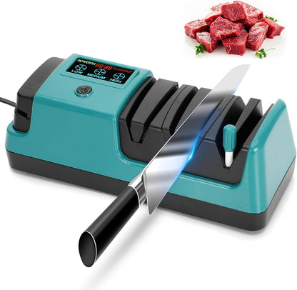 Electric Knife Sharpener with LCD Screen for Straight, Serrated, Meat Cleaver, Ceramic Knives & Scissors, 3 Rotational Speed Adjustable Electric Kitchen Knife Sharpener, 100% Diamond Abrasives
