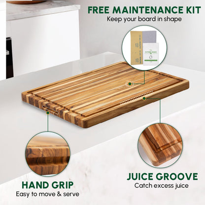 BEEFURNI Teak Wood Cutting Board with Juice Groove Hand Grip (S, 18x14x1"), Durable Wooden Cutting Boards for Kitchen, Butcher Block, Serving & Charcuterie Board, Gift Box Included, 1-year Warranty