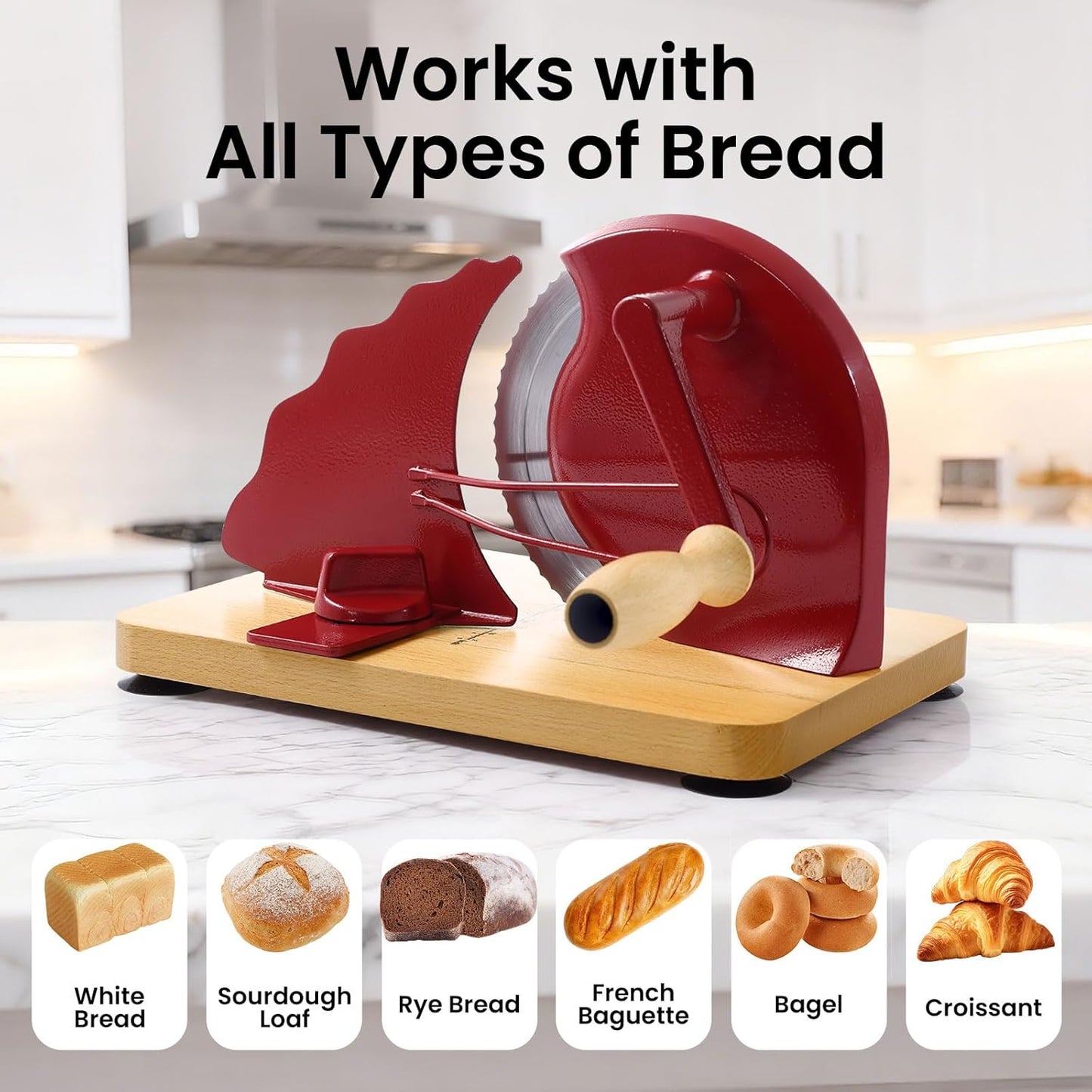 Manual Bread Slicer for Homemade Bread, Bread Cutter for Adjustable and Even Slices, Classic Hand Crank Sourdough Slicer with Scale Line & Powerful Suction Cup, Sharp Stainless Steel Blade (Black)