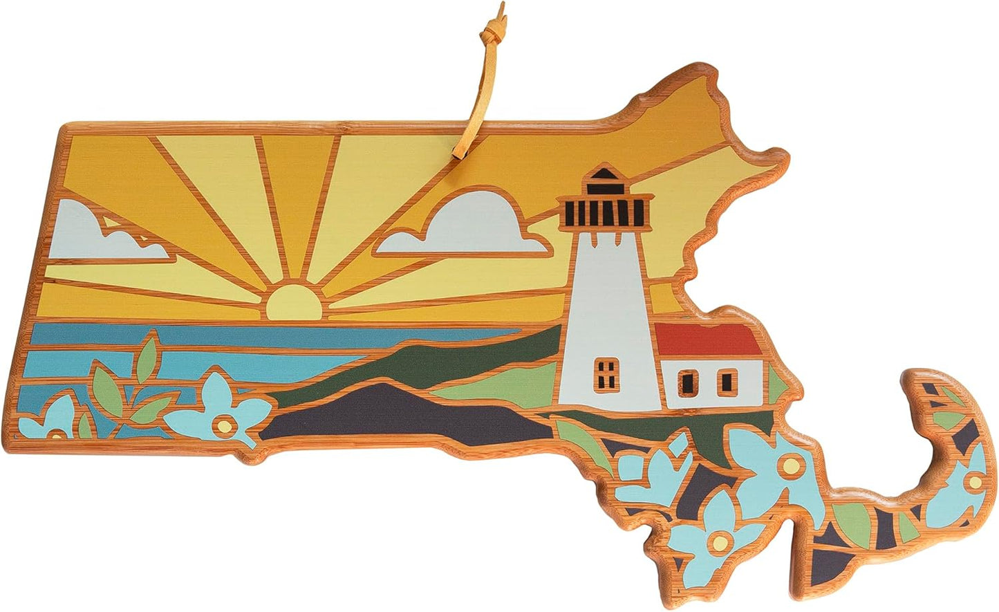 Totally Bamboo North Carolina State Shaped Cutting Board and Charcuterie Serving Platter with Artwork by Summer Stokes, Includes Hang Tie for Wall Display 18" x 8" x 5/8" - Colors A