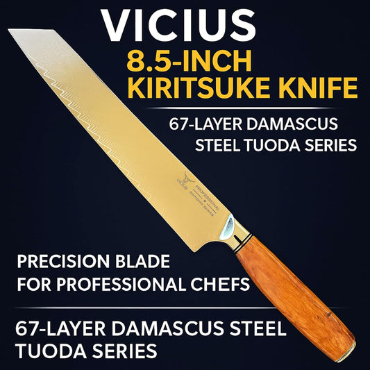 VICIUS 8.5-Inch Kiritsuke Knife – 67-Layer Damascus Steel Tuoda Series, Precision Blade for Professional Chefs