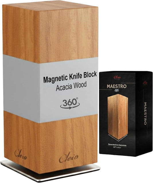 Oleio 360° Rotating Magnetic Knife Block – Acacia Wood Universal Knife Holder with Ultra-Strong Magnets | Stainless Steel Base, Holds 8-12 Knives | Elegant & Durable Design, Ideal Gift