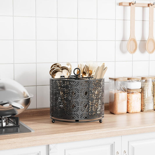 YIUKEA Rotating Utensil Caddy Holder - Higher Raised Cutlery Caddy Countertop - Metal Silverware Caddy Organizer with 4 Compartment for Kitchen Counter Party Office white