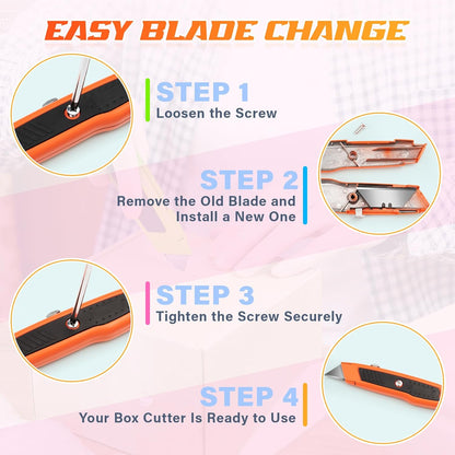 Box Cutter Retractable, Heavy Duty Zinc Alloy Utility Knife, Razor Knife for Cardboard, Boxes and Cartons, Vinyl, Carpet, Leather, Box Opener for Home & Office, Extra 10 Replacement Blades