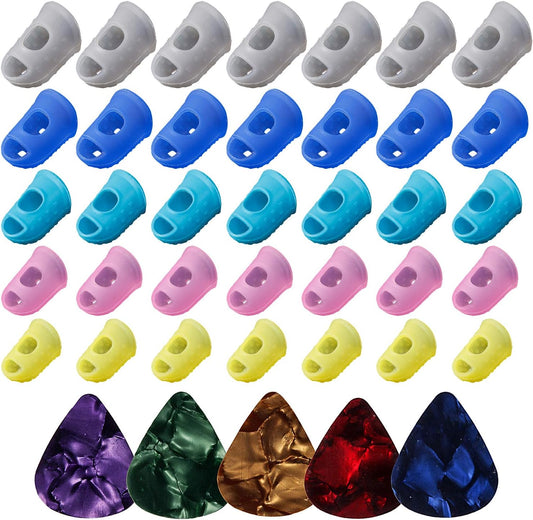 40 Pcs Silicone Guitar Finger Guards Guitar Fingertip Protection Covers Caps with 10pcs Guitar Picks for Stringed Instruments(5 Sizes)