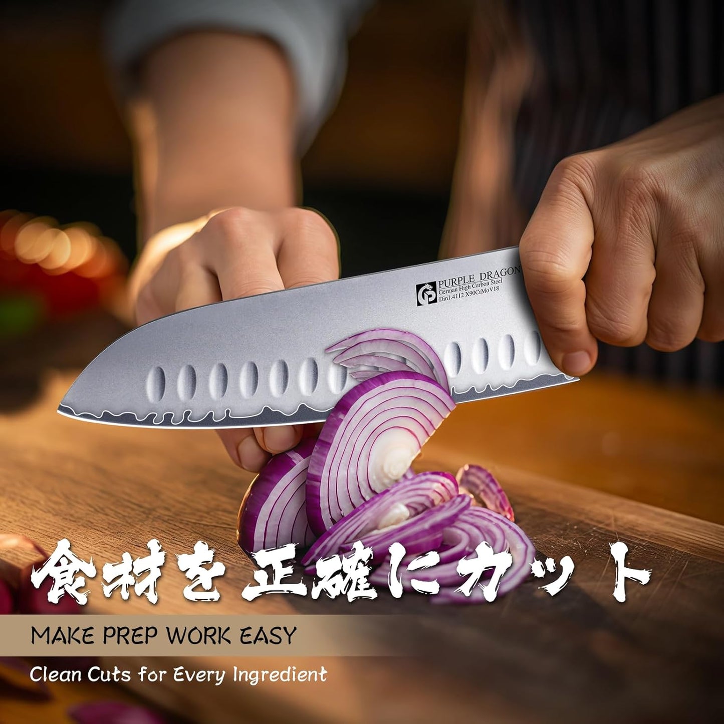 Purple Dragon Santoku Knife 7 Inch Japanese Chef Knife for Chopping Meat Cutting Vegetables, German Vg10 Steel Blade, Ergonomic Wooden Handle Christmas Gift for Men and Women