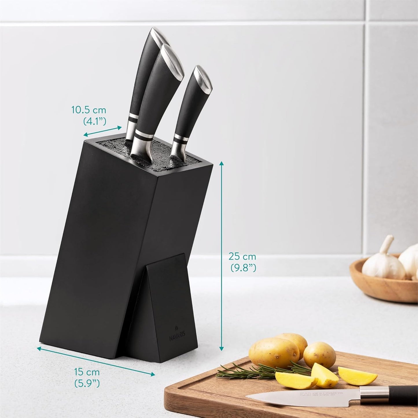 Navaris Universal Knife Block Holder - Rubber Wood Stand with Bristles to Fit Different Sizes of Knives - Angled Design, 9.8" x 5.9" x 4.1’" - Black