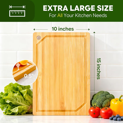 Simple Trending Bamboo Cutting Boards, Durable Cutting Boards for Kitchen with Deep Juice Grooves and Handles, Chopping Board for Meat, Vegetables and Fruits, 15”×10”, Natural