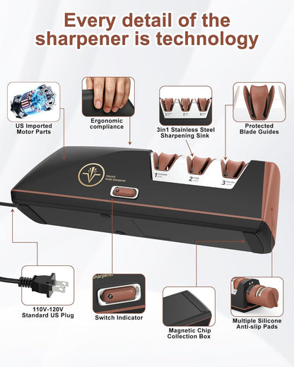 Electric Knife Sharpener with Replaceable Sharpening Head Easy to Change, 3-Stage & 15° Precision Angle Diamond Sharpening System for Metal Knives, Ceramic knives, Exquisite Gifts and Packaging