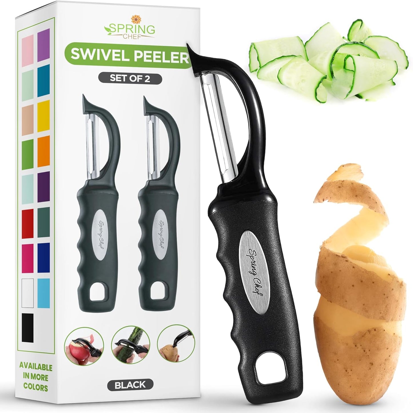 Spring Chef Premium Swivel Vegetable Peeler, Soft Grip Handle and Ultra Sharp Stainless Steel Blades - Perfect Kitchen Peeler For Veggie, Fruit, Potato, Carrot, Apple - Black