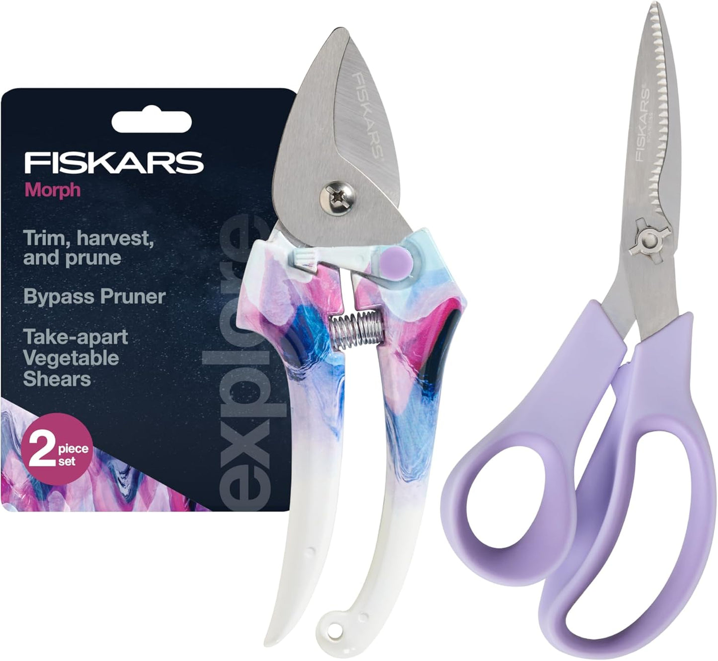 Fiskars 2-Piece Pruning & Veggie Shears Set, Explore Collection Garden Tool Kit, Bypass Pruner for Light Trimming, Vegetable Shears with Serrated Stainless Steel Blades for Harvesting Flowers & Herbs