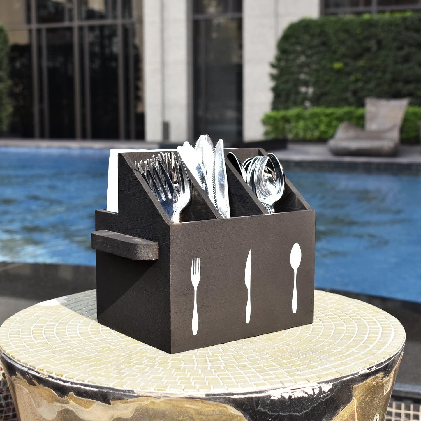 Ikee Design Wooden Utensil Caddy with Handles, Silverware Caddy, Silverware Holder for Countertop,Party,Camping and Kitchen, Organizer, Picnic Cutlery Holders, Black Color