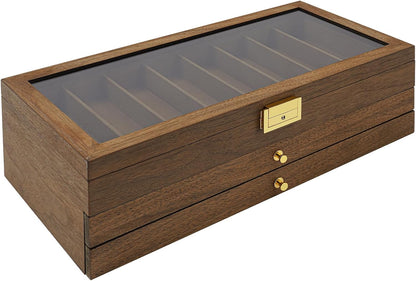 Single Tier Pocket Knife Display Case 8 Slot Lockable Knife Storage Box Knife Collection Display Holder with Transparent Glass Top & Drawer for Utility Knife, Camping Knife (Ebony Color)