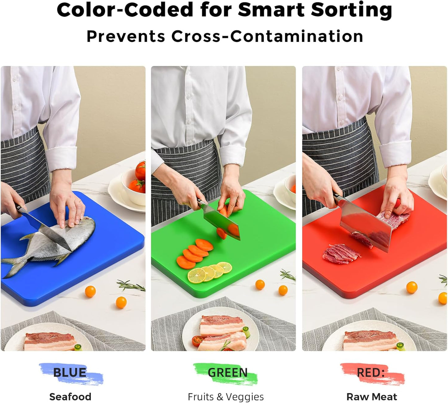 Color Coded Cutting Board Set of 3-18" x 12" x 0.75" Commercial Cutting Boards, 3-Piece (Red, Green, Blue) Plastic Chopping Board for Meat, Vegetables and Seafood
