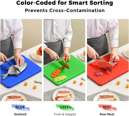 Color Coded Cutting Board Set of 3-18" x 12" x 0.75" Commercial Cutting Boards, 3-Piece (Red, Green, Blue) Plastic Chopping Board for Meat, Vegetables and Seafood