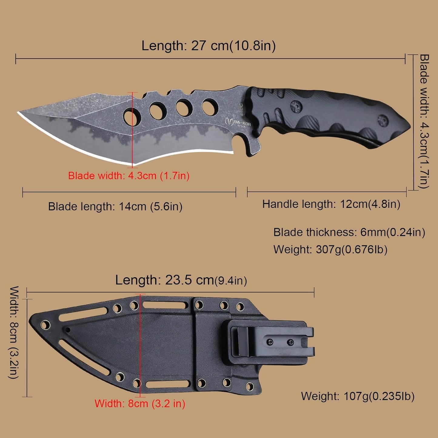 BA-KOR USA 6mm thick 440C steel (10.8in) (full Tang) fixed knife + sheath & (5.9in) cerium igniter, suitable for outdoor camping, survival, adventure, fishing, EDC, hunting knife