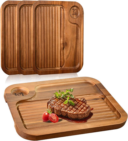 Acacia Wood Steak Plates,Carnivore Cutting Board for Eating, Carved Meat Wooden Plate, Food Serving Tray,Cheese Charcuterie Board with Deep Grooves & Hidden Handles