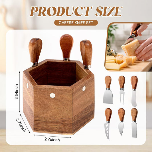 Hushee 6 Pcs Cheese Knives with Holder Charcuterie Serving Knife Set with Magnetic Wooden Box Mini Steel Stainless Cheese Knife Spreader Slicer Fork Set for Charcuterie Board