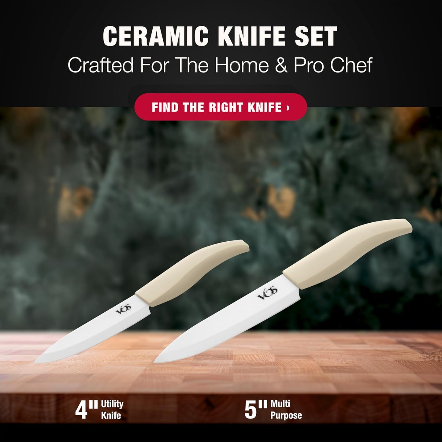 Vos ceramic knives set for kitchen in gift box, 5 ceramic knife with cover with scissors, 3" 4" 5" 6" ultra sharp knives for home cooks, lightweight, rust-free, dishwasher safe (Black handle)