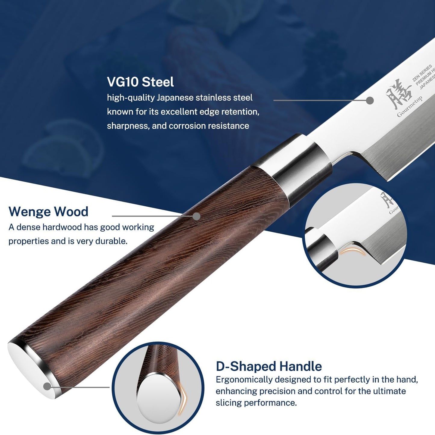 Gourmetop Japanese Sashimi Sushi Knife 10 Inch – VG10 Steel Yanagiba Knife with Urasuki & Brushed Bevel, Wenge Wood D-Shape Handle – Professional for Japanese Salmon & Sushi Cutting