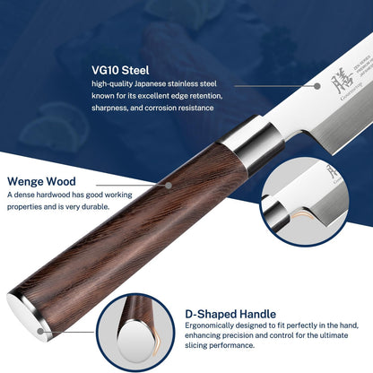 Gourmetop Japanese Sashimi Sushi Knife 10 Inch – VG10 Steel Yanagiba Knife with Urasuki & Brushed Bevel, Wenge Wood D-Shape Handle – Professional for Japanese Salmon & Sushi Cutting