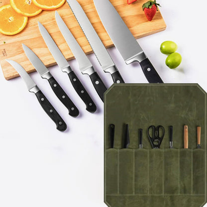 Waxed Canvas Chef Knife Roll Bag | Multi-Slot Protector Professional Organization for Kitchen Tools & Cutlery - Secure Blade Holder Travel Pouch & Multi-Purpose Storage Case