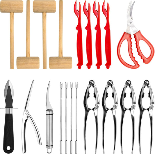 19Pcs Seafood Tools Includes Sea Food Scissors, Crab Crackers, Oyster Knife, Lobster Crackers, Crab Hammer and Shellfish Forks, Nutcracker Set for Restaurants, Picnic and Home Use