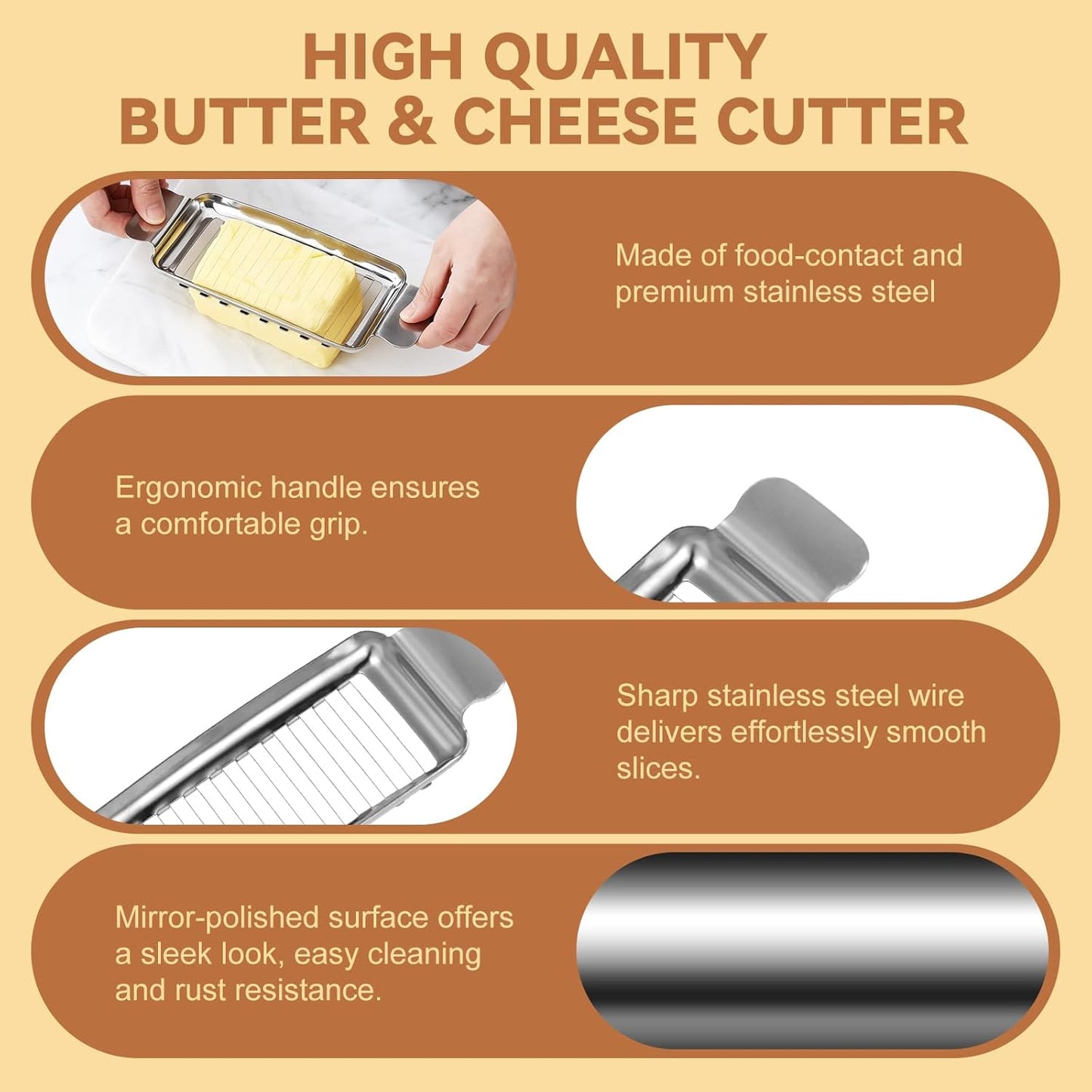 2 Pcs Butter & Cheese Slicer Cutter for Butter Squares and Block Cheese, Ergonomic Handheld Stainless Steel Wire Slicer for Cutting Butter and Soft Food