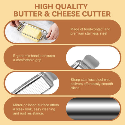 2 Pcs Butter & Cheese Slicer Cutter for Butter Squares and Block Cheese, Ergonomic Handheld Stainless Steel Wire Slicer for Cutting Butter and Soft Food